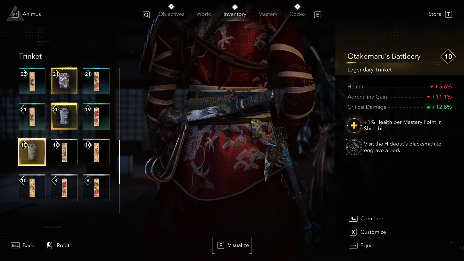 An Assassin&rsquo;s Creed Shadows screenshot showing the Otakemaru&rsquo;s Battlecry trinket