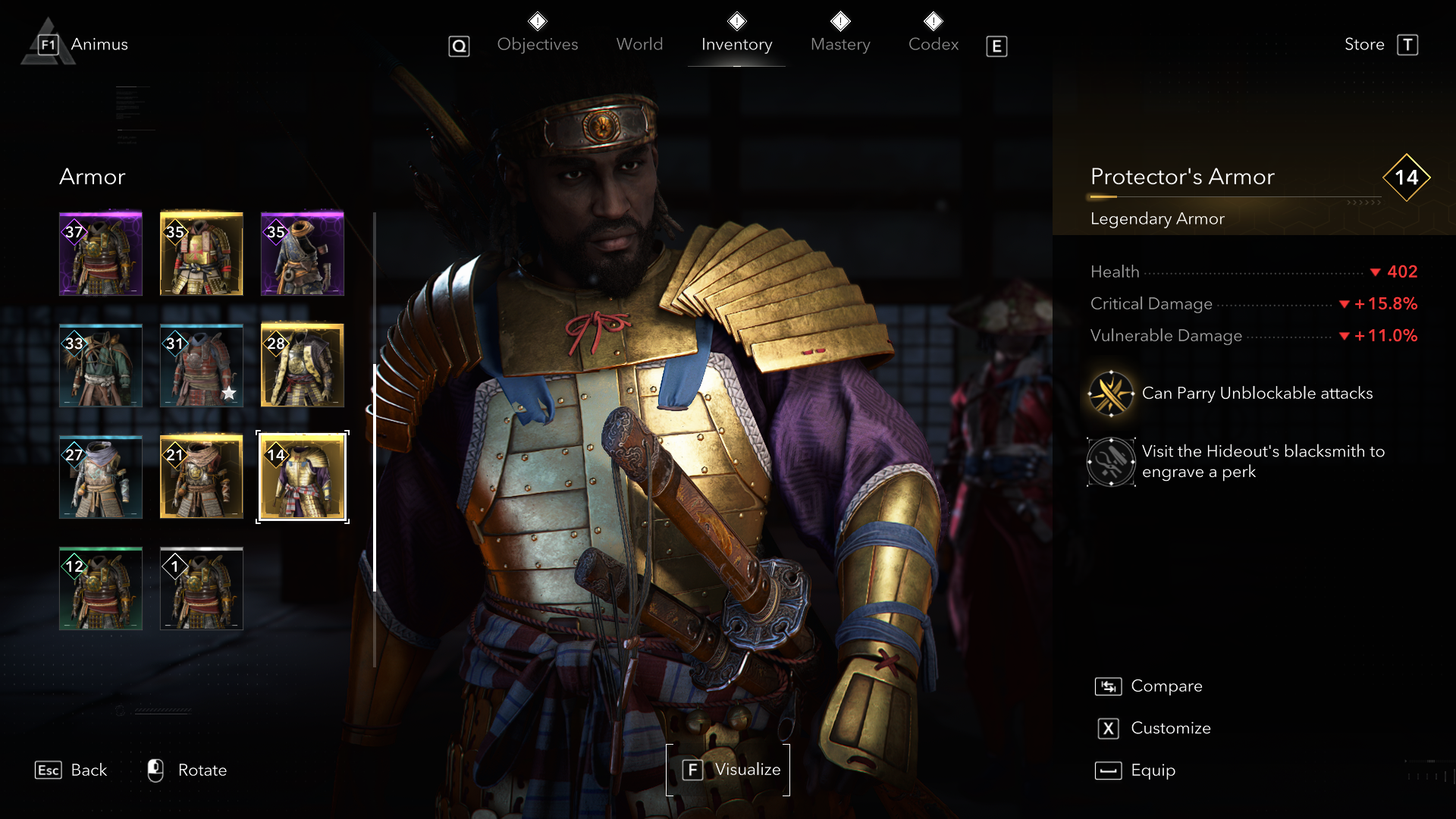 An Assassin&rsquo;s Creed Shadows screenshot showing the Protector&rsquo;s Armor