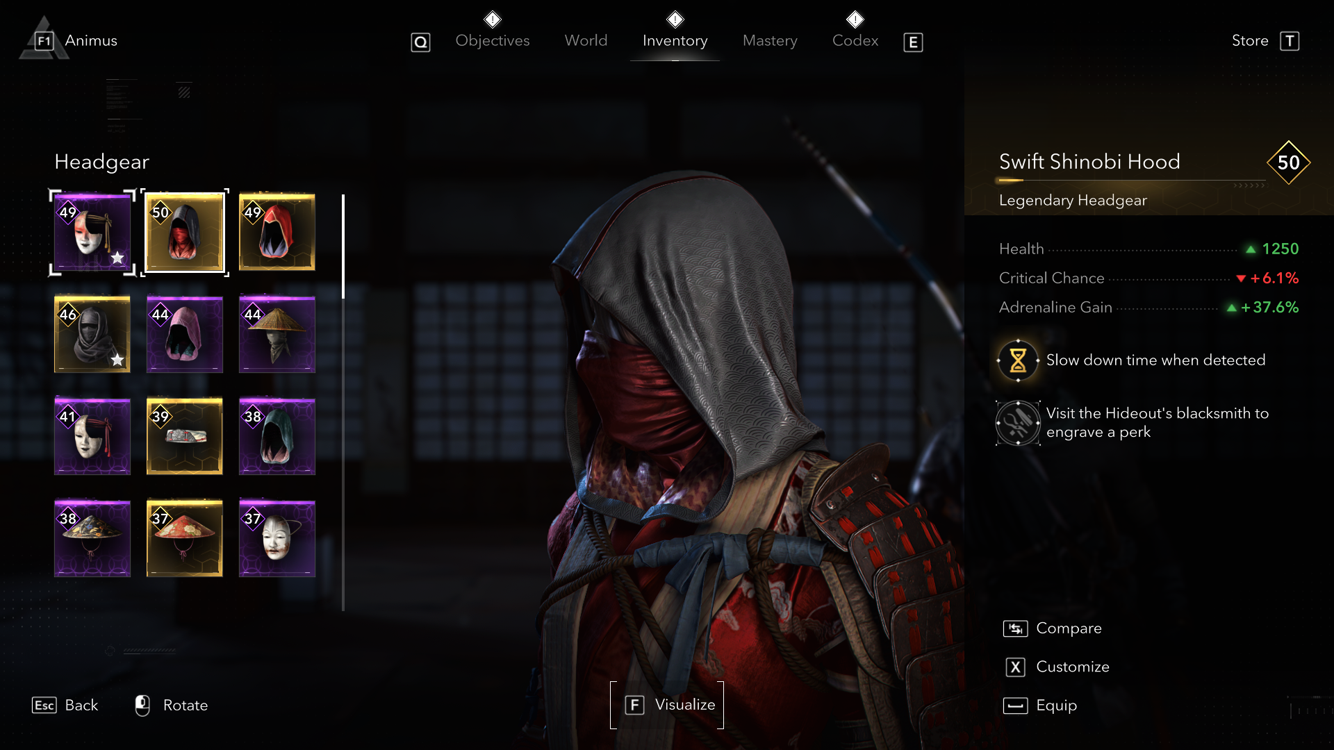 An Assassin&rsquo;s Creed Shadows screenshot showing the Swift Shinobi Hood