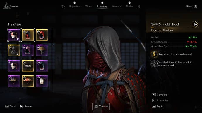 An Assassin’s Creed Shadows screenshot showing the Swift Shinobi Hood