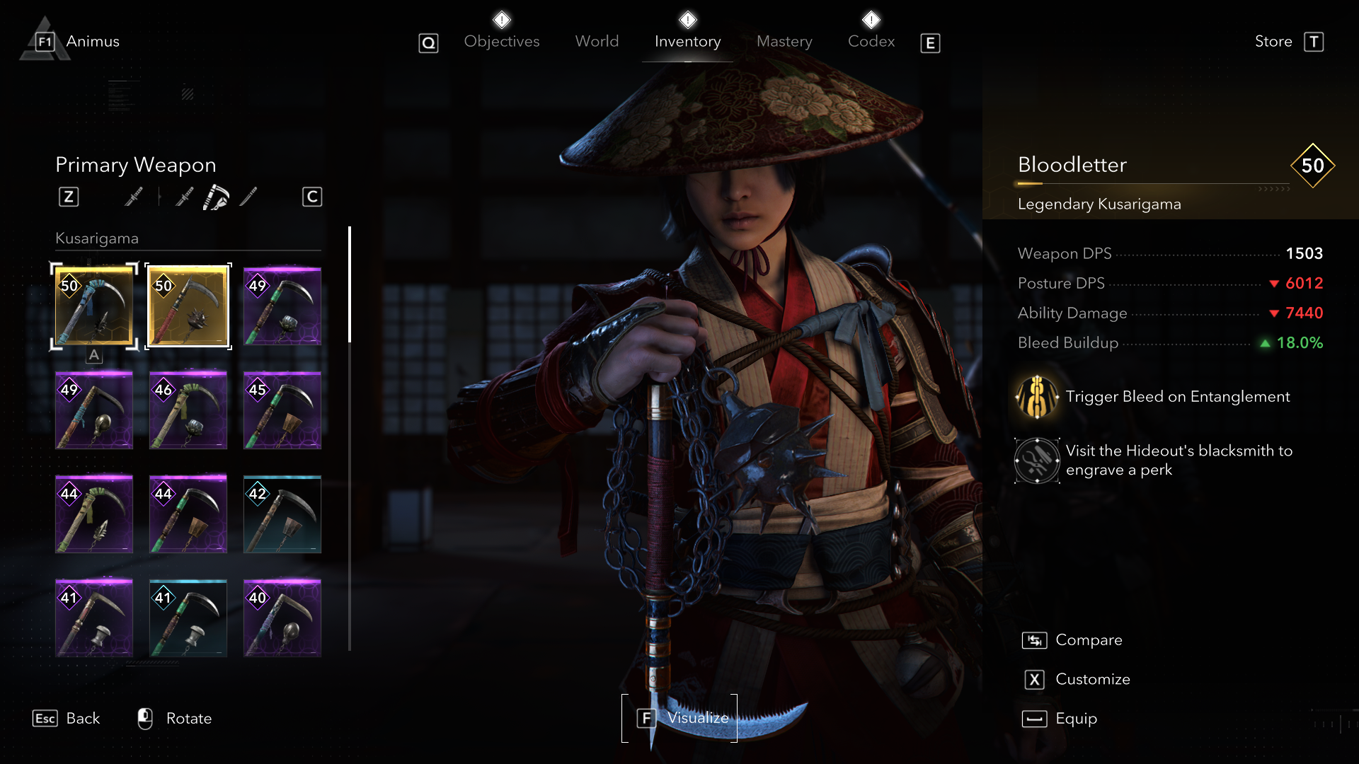 An Assassin&rsquo;s Creed Shadow screenshot showing the Bloodletter weapon