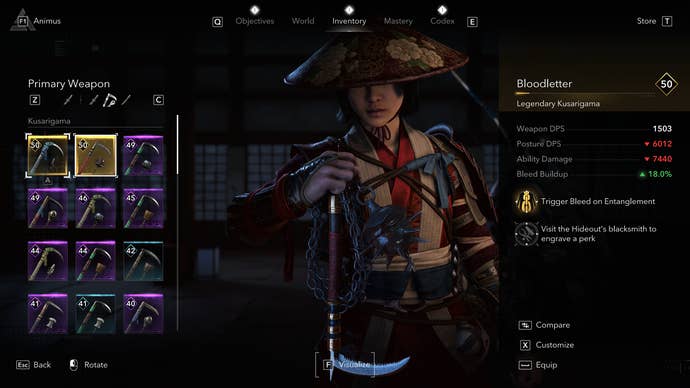 An Assassin’s Creed Shadow screenshot showing the Bloodletter weapon