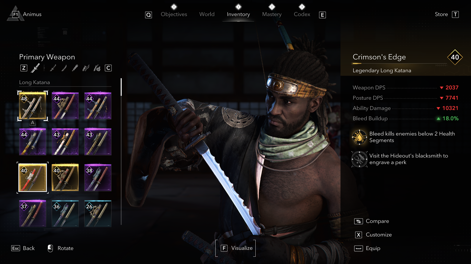 An Assassin&rsquo;s Creed Shadow screenshot showing the Crimson&rsquo;s Edge katana