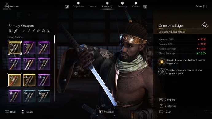 An Assassin’s Creed Shadow screenshot showing the Crimson’s Edge katana