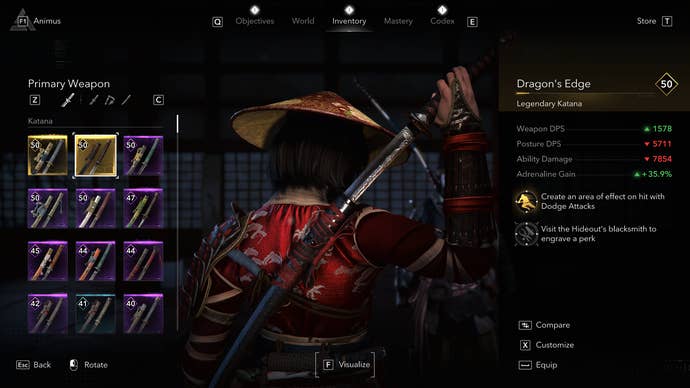 An Assassin’s Creed Shadow screenshot showing the Dragon’s Edge katana