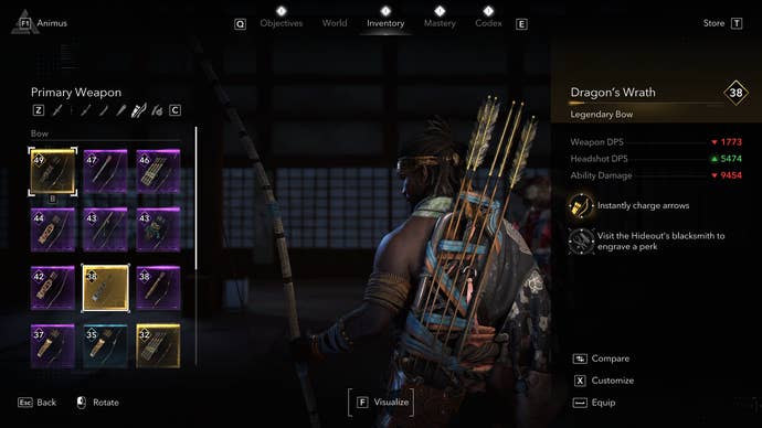 An Assassin’s Creed Shadow screenshot showing the Dragon’s Wrath bow