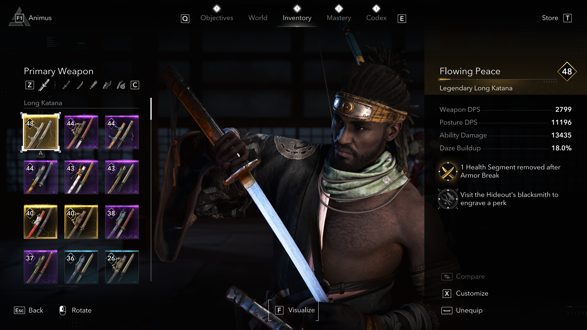 An Assassin&rsquo;s Creed Shadow screenshot showing the Flowing Peace katana