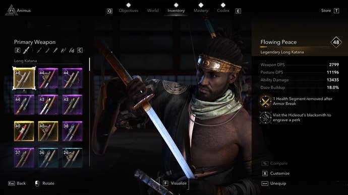 An Assassin’s Creed Shadow screenshot showing the Flowing Peace katana