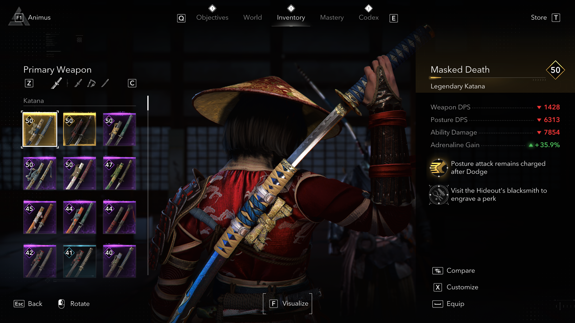 An Assassin&rsquo;s Creed Shadow screenshot showing the Masked Death katana