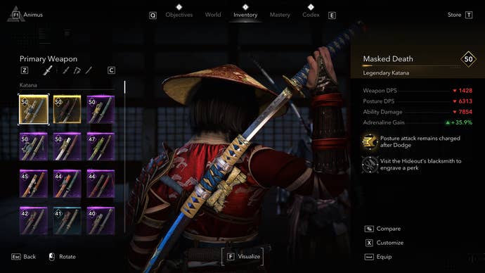 An Assassin’s Creed Shadow screenshot showing the Masked Death katana
