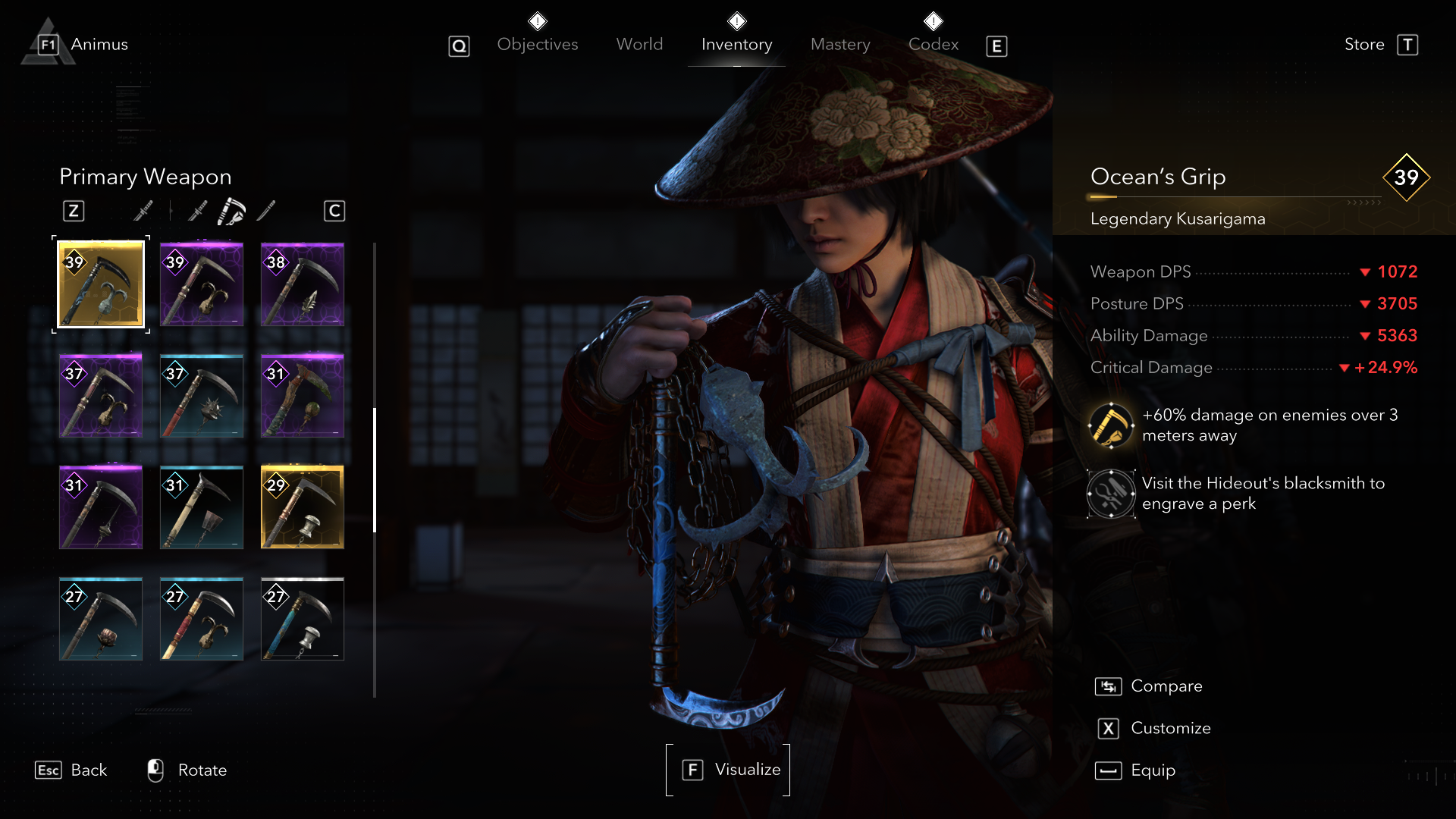 An Assassin&rsquo;s Creed Shadow screenshot showing the Ocean&rsquo;s Grip kusarigama