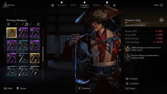 An Assassin’s Creed Shadow screenshot showing the Ocean’s Grip kusarigama