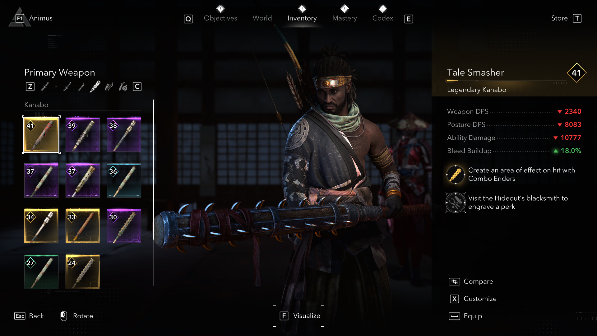 An Assassin&rsquo;s Creed Shadow screenshot showing Yasuke holding the Tale Smasher kanabo