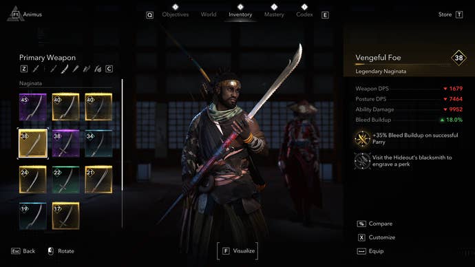 An Assassin’s Creed Shadow screenshot showing the Vengeful Foe naginata