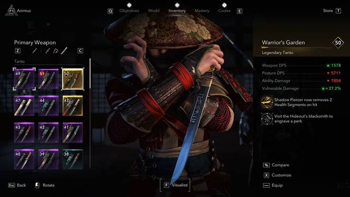 An Assassin’s Creed Shadow screenshot showing the Warrior’s Garden tanto