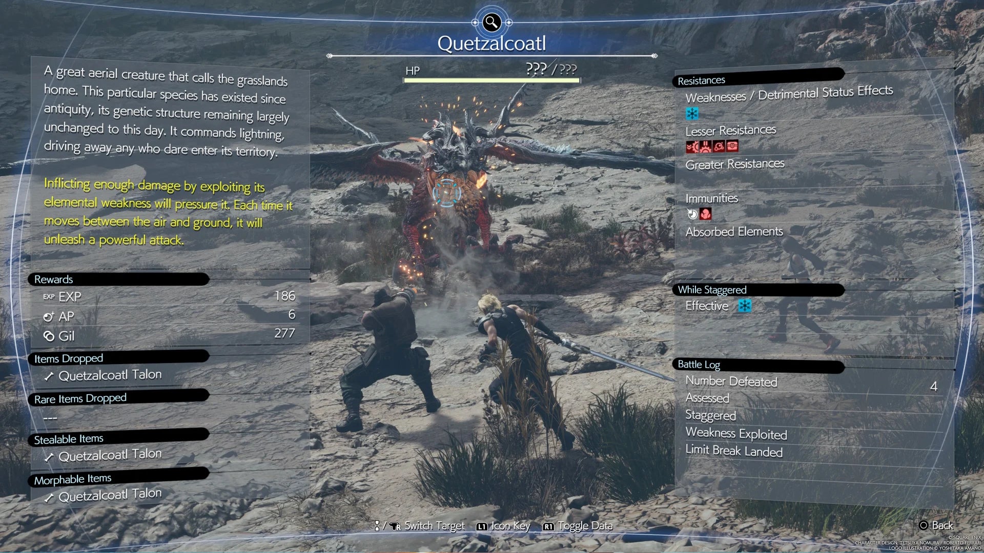 Using the Assess Materia against the enemy Quetzalcoatl in Final Fantasy 7 Rebirth reveals a wealth of information. - 11