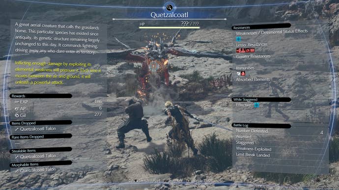 Using the Assess Materia against the enemy Quetzalcoatl in Final Fantasy 7 Rebirth reveals a wealth of information.