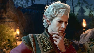 A handsome man with short, curly, grey hair, holding his chin, lost in thought. He has long, pointed ears. It's Astarion from Baldur's Gate 3.