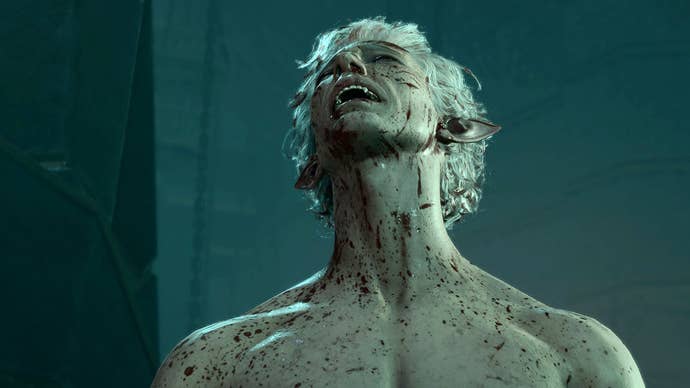 A head and shoulders cinematic screenshot of a white-haired vampire elf throwing their head back with a look of strong emotion. The top of their bare chest is visible, as are the fangs in their mouth. It’s Astarion, and he’s speckled with blood.