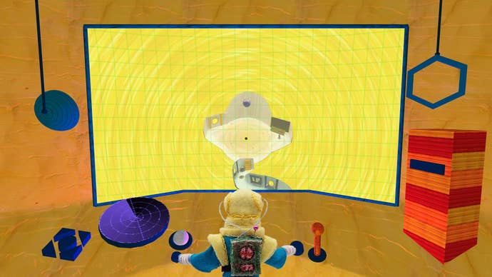 A screenshot from Asterism, showing a spacesuit-clad character at a control panel of a spaceship - a spaceship that looks like it’s been made out of cardboard.