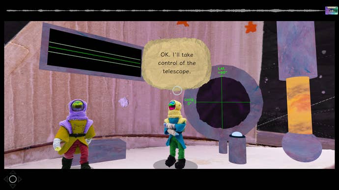 A screenshot from Asterism, showing two characters standing inside a spaceship. The whole scene looks like it’s been made out of cardboard and fluffy bits of material - like a Blue Peter project.