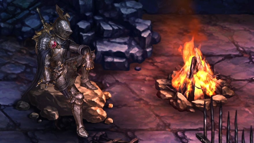 Armoured knight Leon rests by a bonfire in Astra: Knights of Veda gameplay