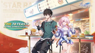 Official artwork for the Astral Express Pit Stop live event, which features Dan Heng and March 7th in casual outfits eating at a fast food restaurant.