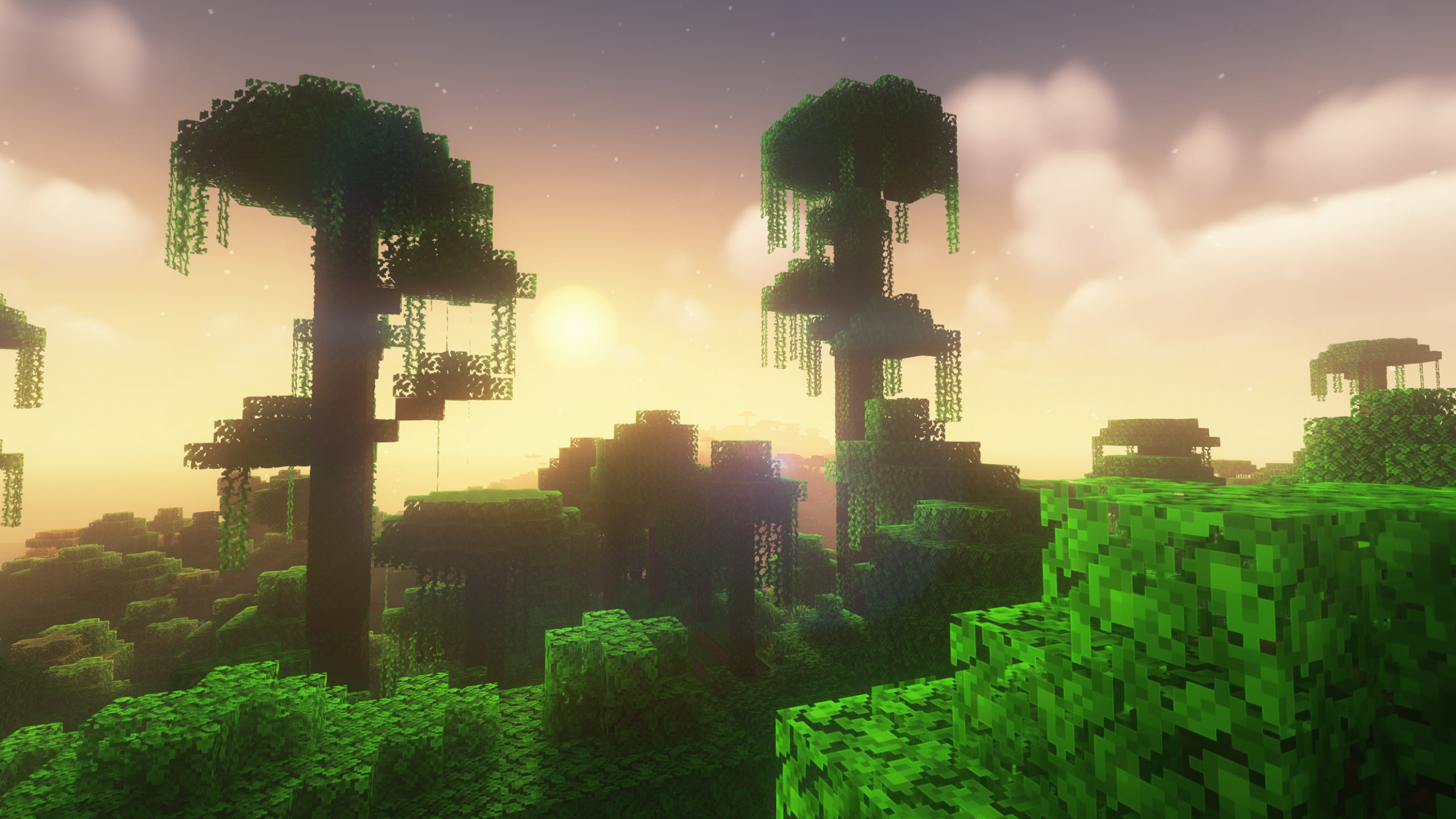 A jungle in Minecraft, with two huge trees poking out of the overgrowth showcasing AstraLex shaders.