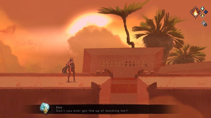 A woman stands in a sandy temple in Astria Ascending