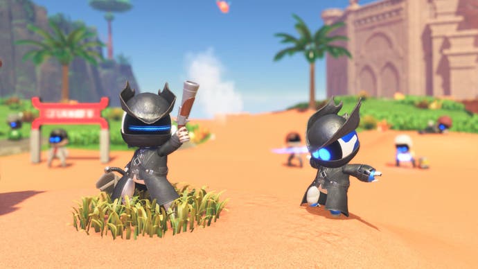 Two Astro Bots in Bloodborne hunter outfits in a duel