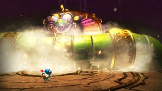Astro Bot has a robot chicken on his back, fighting a giant robot snake.