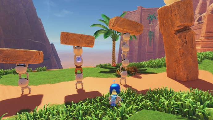 astro bot facing bot towers holding up steps