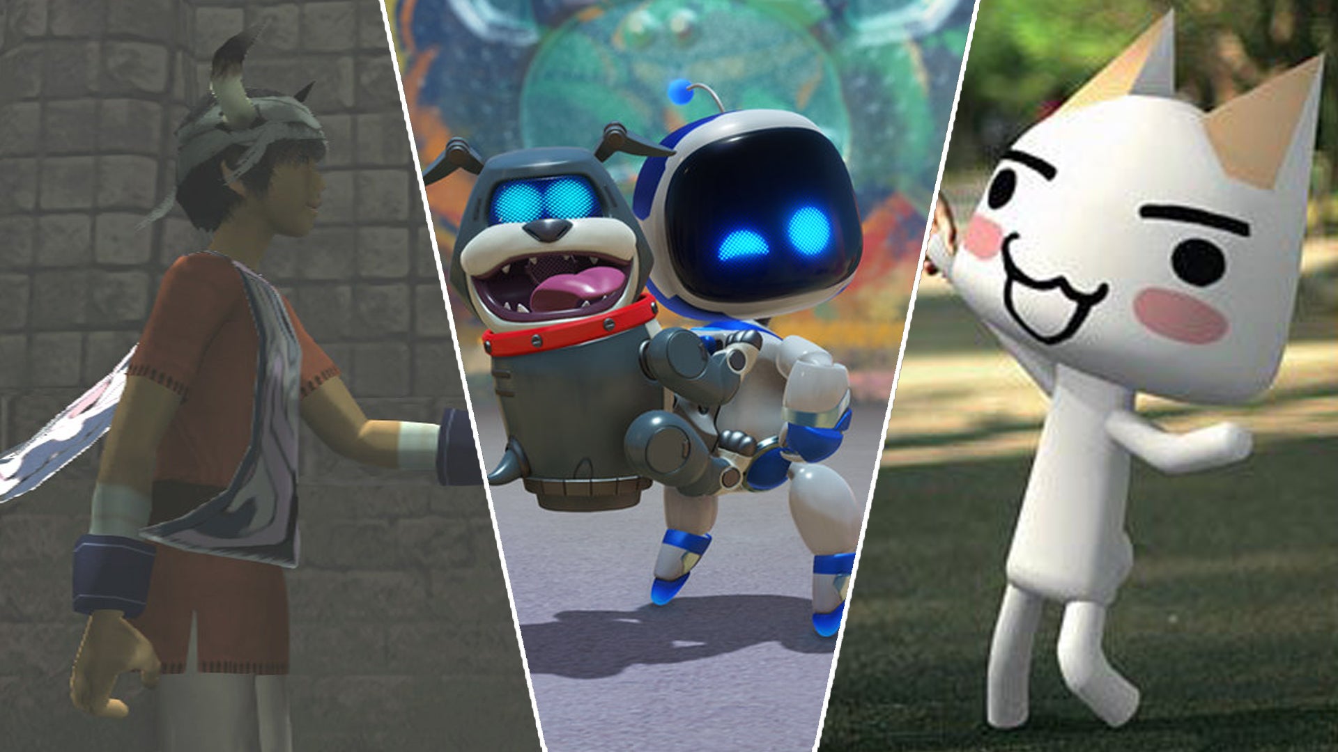On the left, Icon, a boy with horns, is stood in a stone room, arm reaching out. In the middle, Astro Bot, a cute robot with a robot dog on its back, is winking at the camera. On the right, Toro Inoue, a white cartoon cat, is walking in a real world park. - 1