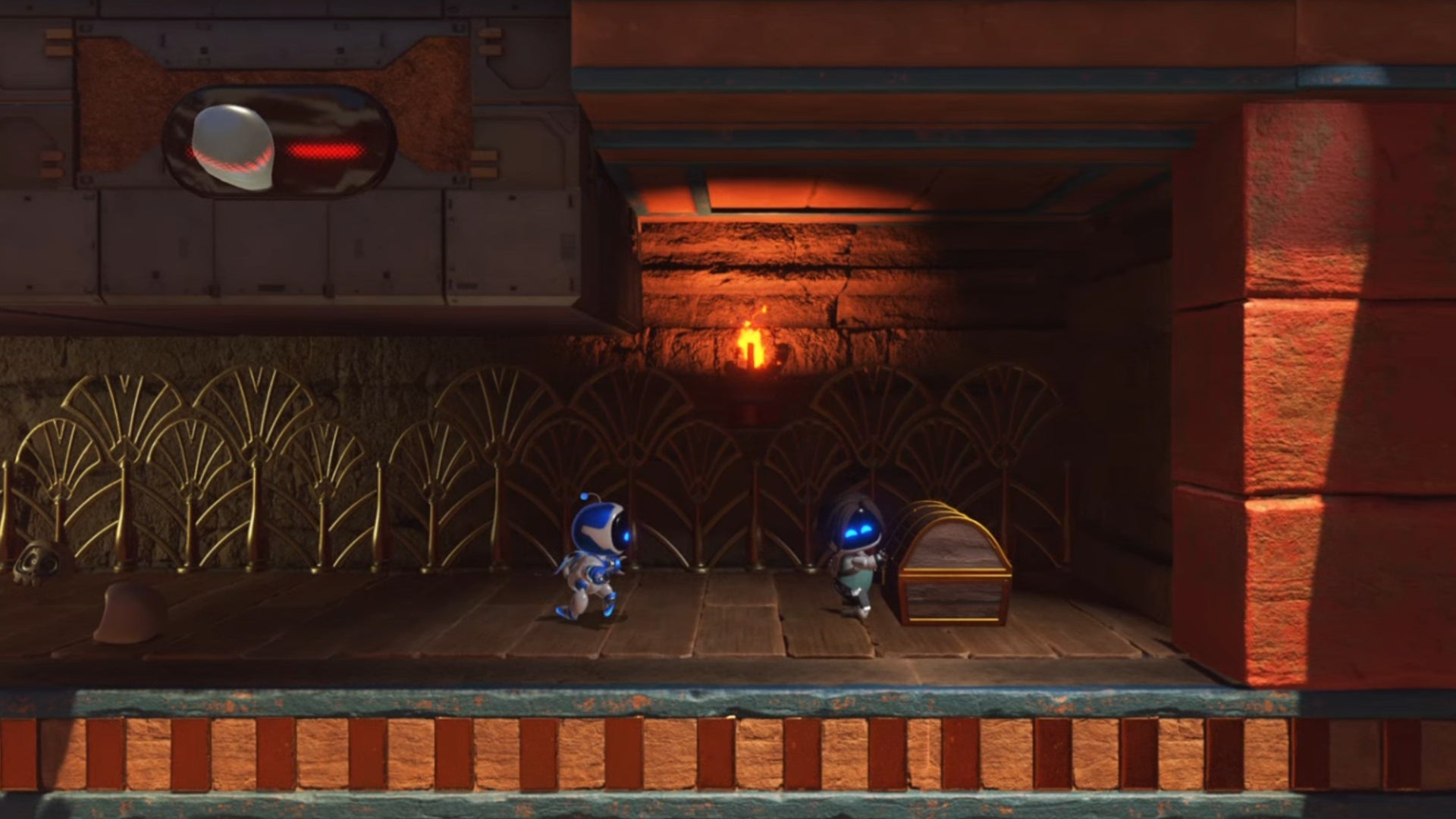 astro bot finding lara croft bot by treasure chest