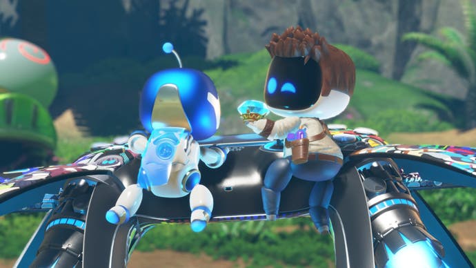 Astrobot on a glider with Nathan Drake