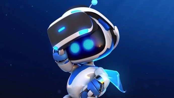 Close up of Sony’s Astro Bot character wearing a VR headset