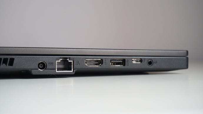 A photo of the Asus TUF Dash 15 gaming laptop’s ports on a white desk