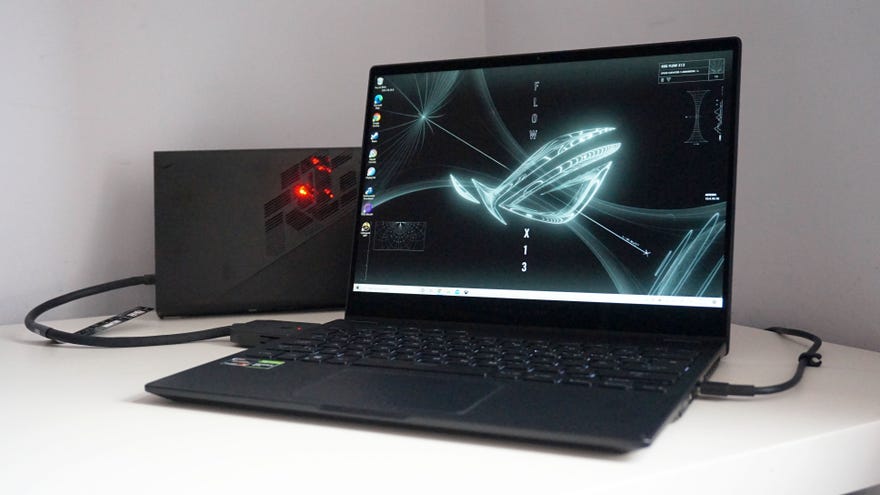The Asus ROG Flow X13 gaming laptop in front of Asus' ROG XG Mobile eGPU