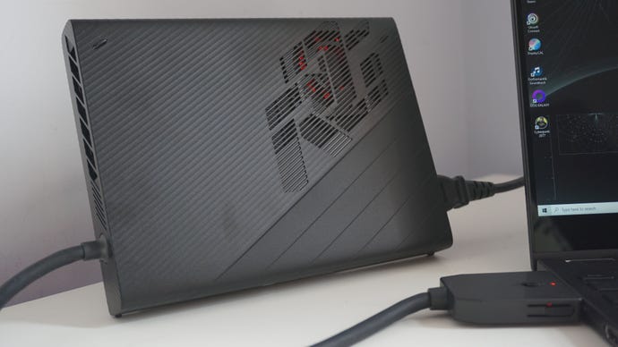 A close-up of the Asus ROG Flow X13 gaming laptop’s XG Mobile eGPU