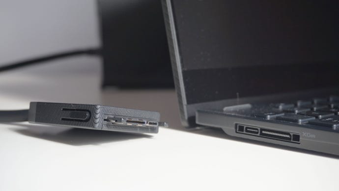 A close-up of the Asus ROG Flow X13 gaming laptop’s XG Mobile connection