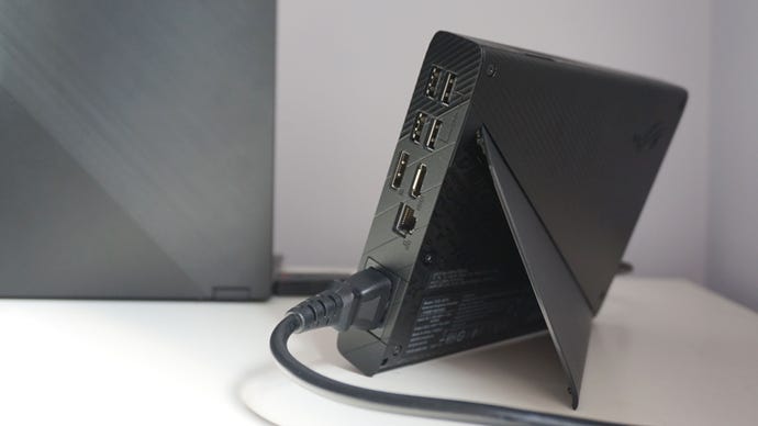 A close-up of the I/O ports on the Asus ROG Flow X13 gaming laptop’s XG Mobile eGPU