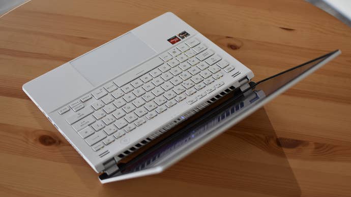 A top-down view of the Asus ROG Zephyrus G14 gaming laptop, on a table.