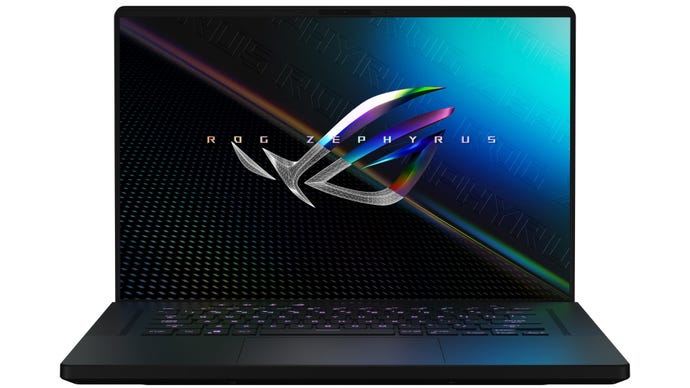 A photo of the Asus ROG Zephyrus M16 gaming laptop from the front