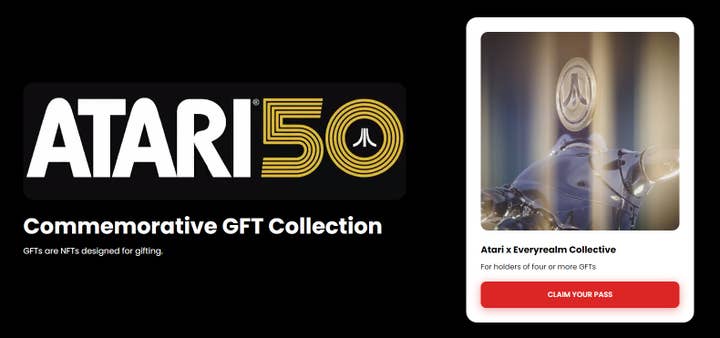 Ad for Atari 50 Commemorative GFT Collection with an explanation tagling saying "GFTs are NFTs designed for gifting." on the right is an image of a robotic hand holding an Atari-labeled coin levitating above its open palm above the text "Atari x Everyrealm Collective," "For holders of four or more GFTs," and a "Claim Your Pass" button