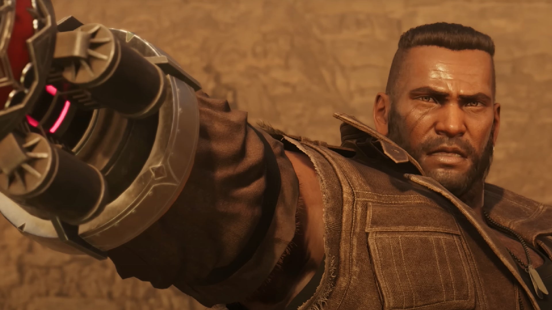 A close-up of Barrett from Final Fantasy 7 Rebirth, holding his arm cannon forwards. - 9