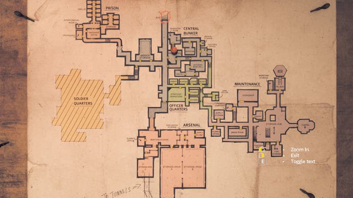 Amnesia: The Bunker review screenshot showing the map of the Bunker, with a variety of rooms and hubs connected by corridors and tunnels.