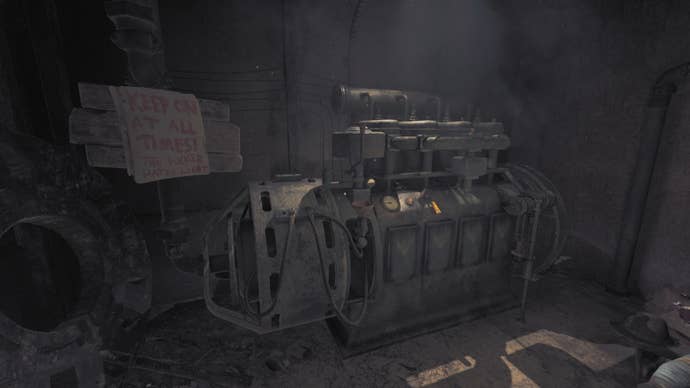 Amnesia: The Bunker review screenshot of the generator room. “KEEP ON AT ALL TIMES! THE FUCKER HATES LIGHT” is scrawled on a sign to the left of the machine.