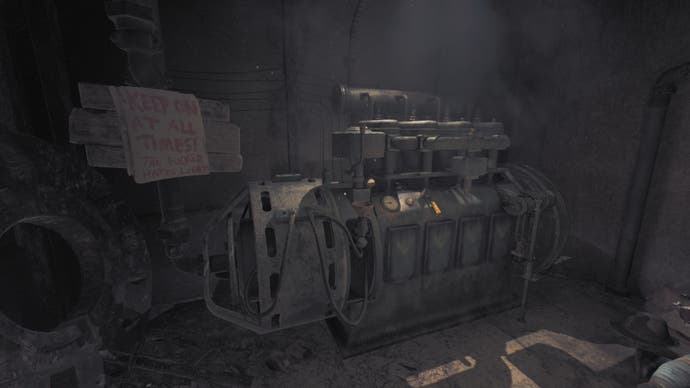 Amnesia: The Bunker review screenshot of the generator room. "KEEP ON AT ALL TIMES! THE FUCKER HATES LIGHT" is scrawled on a sign to the left of the machine.