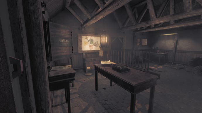 Amnesia: The Bunker review screenshot, showing the administration room. A warm lantern hangs over a table in the foreground, with a chest and a map in the background. There are huge dead rats on the floor.