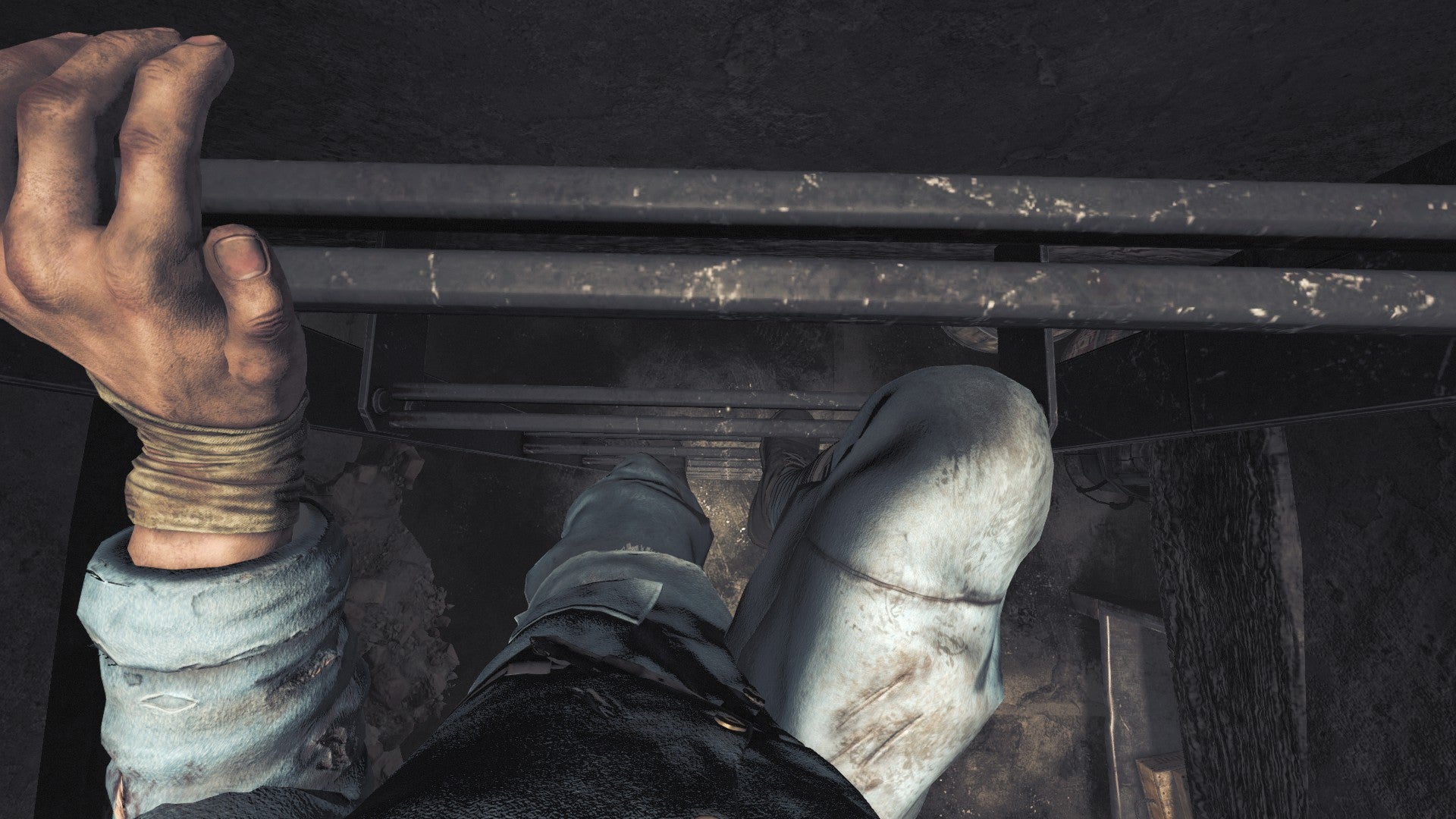 Amnesia: The Bunker review screenshot showing Henri descending a ladder somewhere in the bunker. His clothes are scratched and frayed, and there&rsquo;s a bandage around his left wrist.